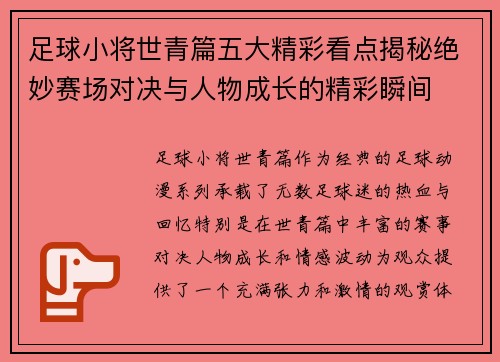 足球小将世青篇五大精彩看点揭秘绝妙赛场对决与人物成长的精彩瞬间