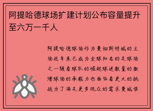 阿提哈德球场扩建计划公布容量提升至六万一千人